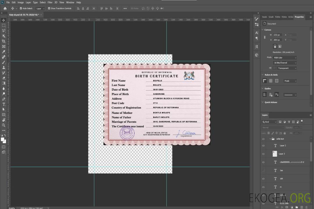 Modèle PSD de certificat de naissance de l'état civil du Botswana template
